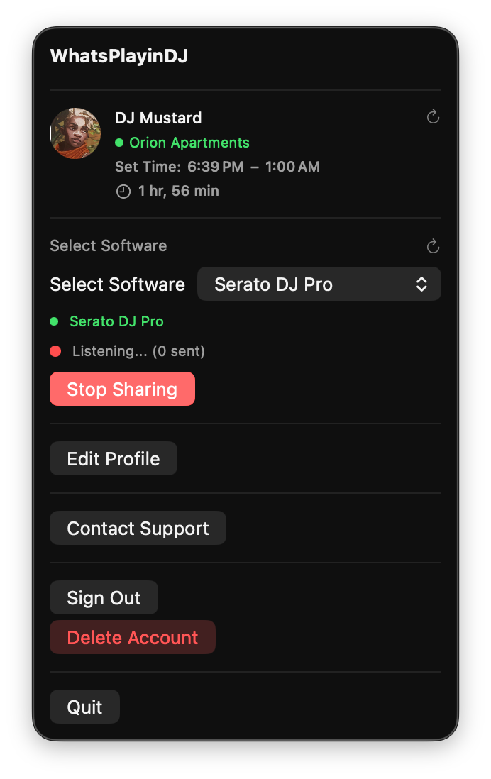 DJ Console actively broadcasting